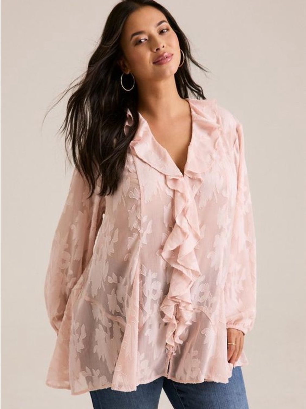 Torrid Festi Blush Floral Ruffle V-Neck Blouse - Picture 3 of 8